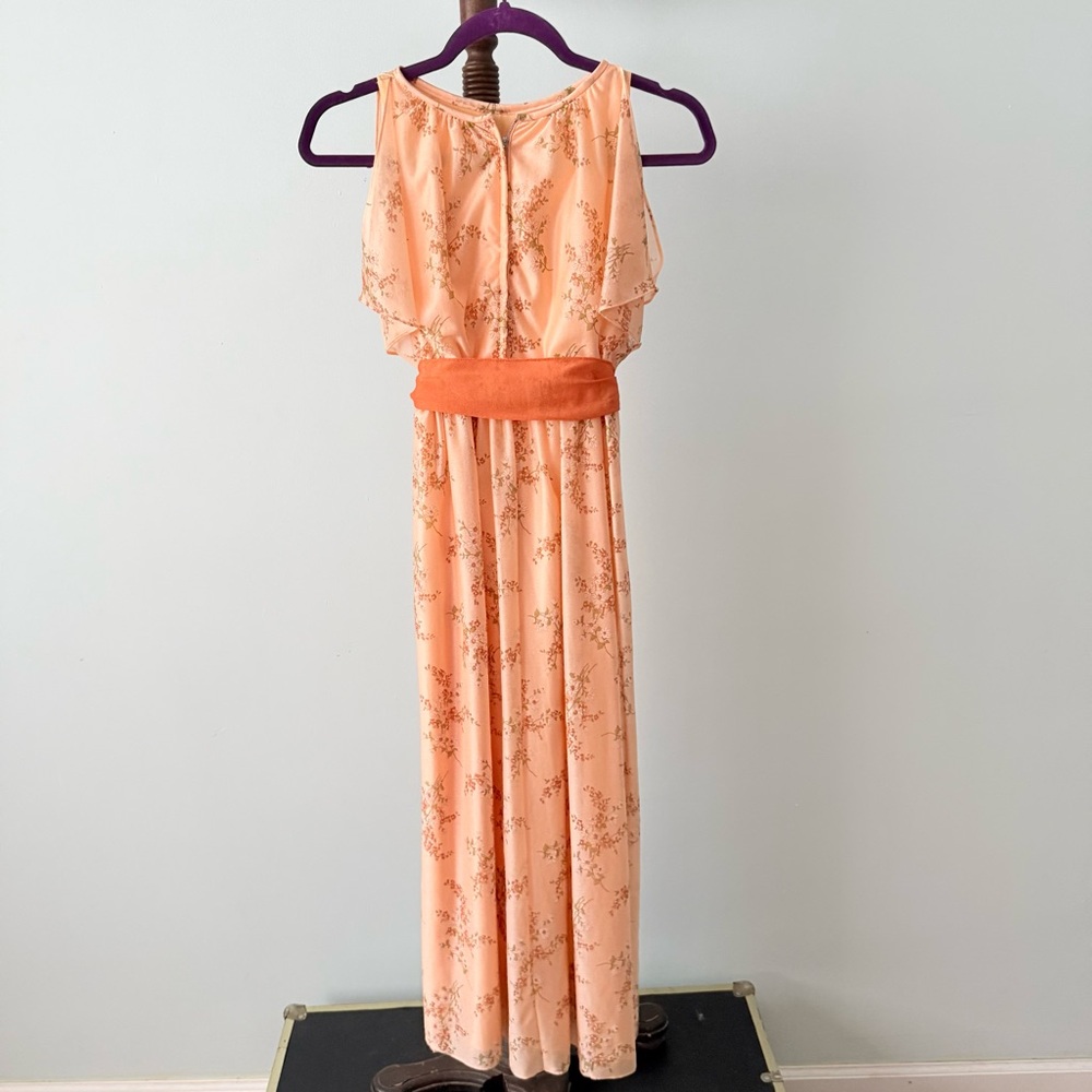 🌼Vintage 70s Peach Floral Maxi Dress w/ Belt Romantic Prairie Boho Goddess - Picture 5 of 8